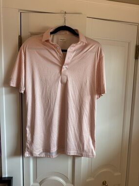 Collars & Co Polo Shirt Mens M Peach Gingham Dress Collar Business Preppy